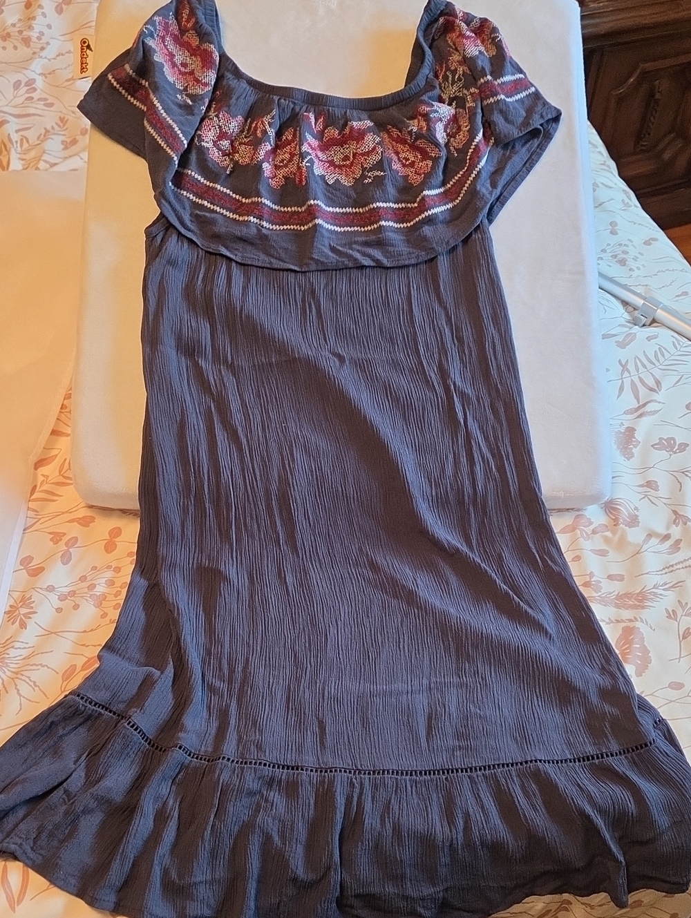 Off-Shoulder Embroidered Ruffle Midi Dress- Blue - Picture 2 of 6